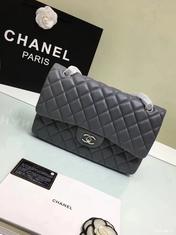 Firstbag Ru Size With CHANEL Lambskin Bag Leather Flap 1112 Silver Grey 30cm Hardware Large Gold 0806